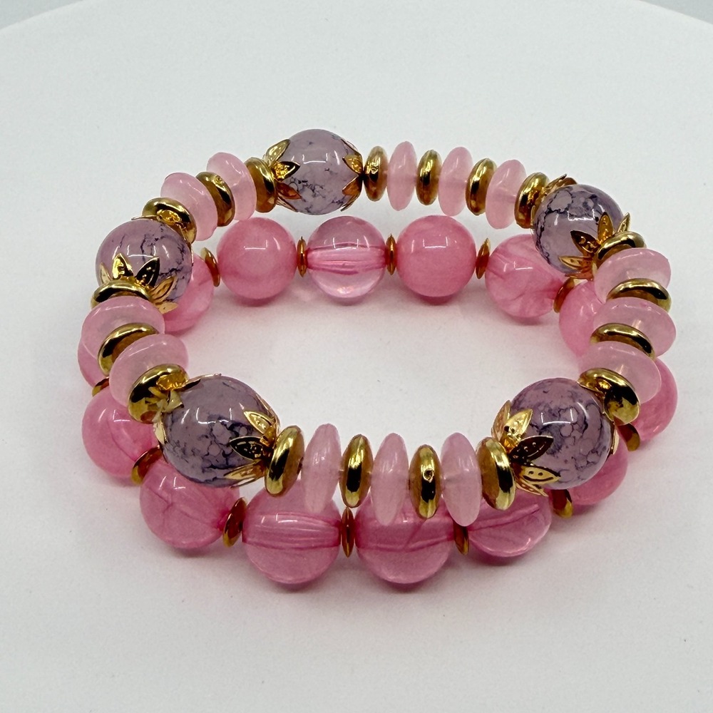 Pink Beaded Stretch Bracelet Set Stack Romantic Coquette Aesthetic Layered 2 Pc